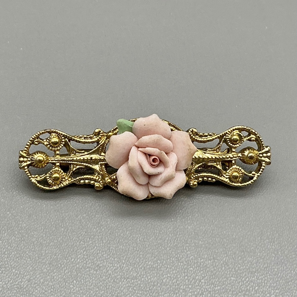Vintage Brooch Women Pink Porcelain Rose Gold Tone Filigree Bar Pin 2.25 Inch